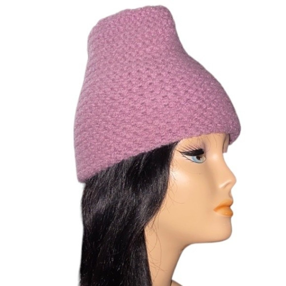 Vintage Wool Beanie Hat Crochet hand made Garter Stitch Boho Hat cap purple OS